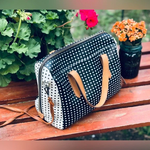 Vintage Fossil Black & White Polka Dot Handbag Crossbody or Shoulder Bag - Picture 2 of 14